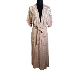 Free People Tan Maxi Dress with White Embroidery Sz L GUC